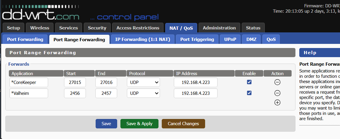 DD-WRT Port Range Forwarding showing enabled Keldrin-managed Core Keeper UDP ports 27015–27016 and Valheim UDP ports 2456–2457, both targeting the same LAN host.