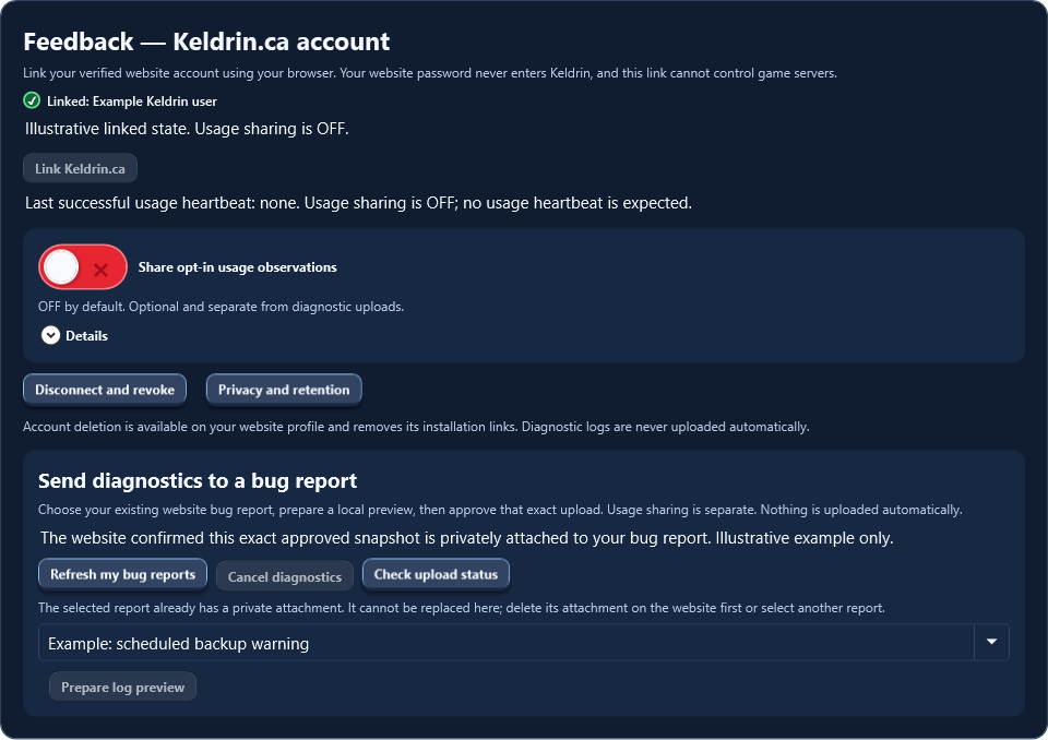 Actual Keldrin 0.9.72 controls displaying an illustrative website-confirmed private diagnostic attachment, selected report title and Check upload status button.