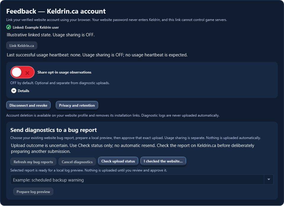 Actual Keldrin 0.9.72 controls showing an illustrative uncertain upload result, Check upload status and I checked the website buttons, with new preview controls disabled.