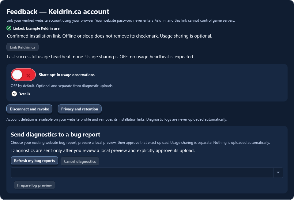 Actual Keldrin 0.9.72 controls with a synthetic linked account and green checkmark, usage sharing OFF, collapsed Details and the visible diagnostic section.