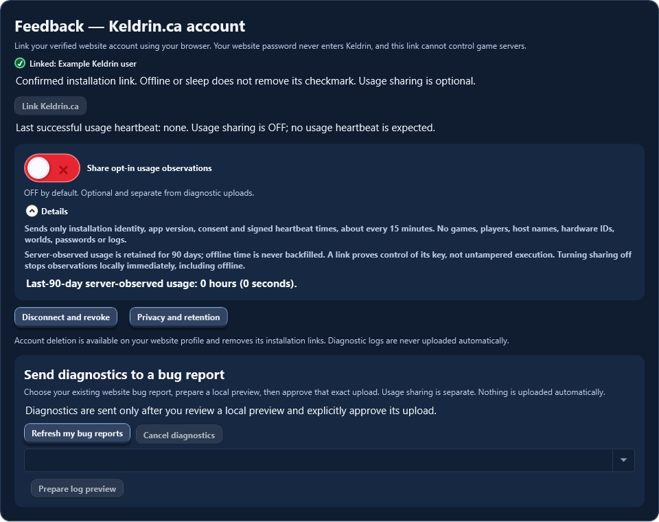 Actual Keldrin 0.9.72 Feedback controls with the usage Details section expanded, showing allowed data and the last-90-day observed total; sharing remains OFF.