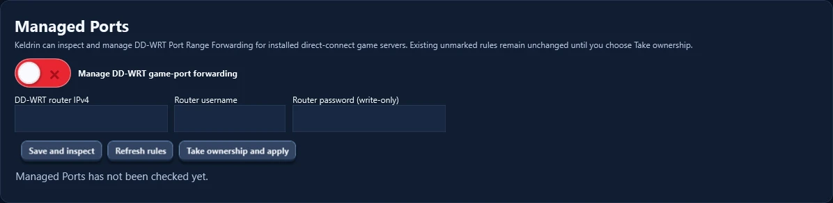 Actual Keldrin app Managed Ports panel showing router credentials, Save and inspect, Refresh rules, and Take ownership and apply.